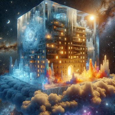 The primary subject of the image is a large, colorful building with a unique design. The building is situated in a space with a cloudy background, giving it a futuristic and surreal appearance. The visual style of the image is digital art, as it is a computer-generated or digitally manipulated image. The colors and mood of the image are vibrant and lively, with a sense of wonder and imagination.